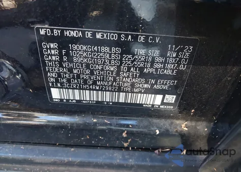 2024 Honda Hr-V 2Wd Sport/2Wd Sport W/O Bsi из США, поврежденный, VIN 3CZRZ1H54RM729822